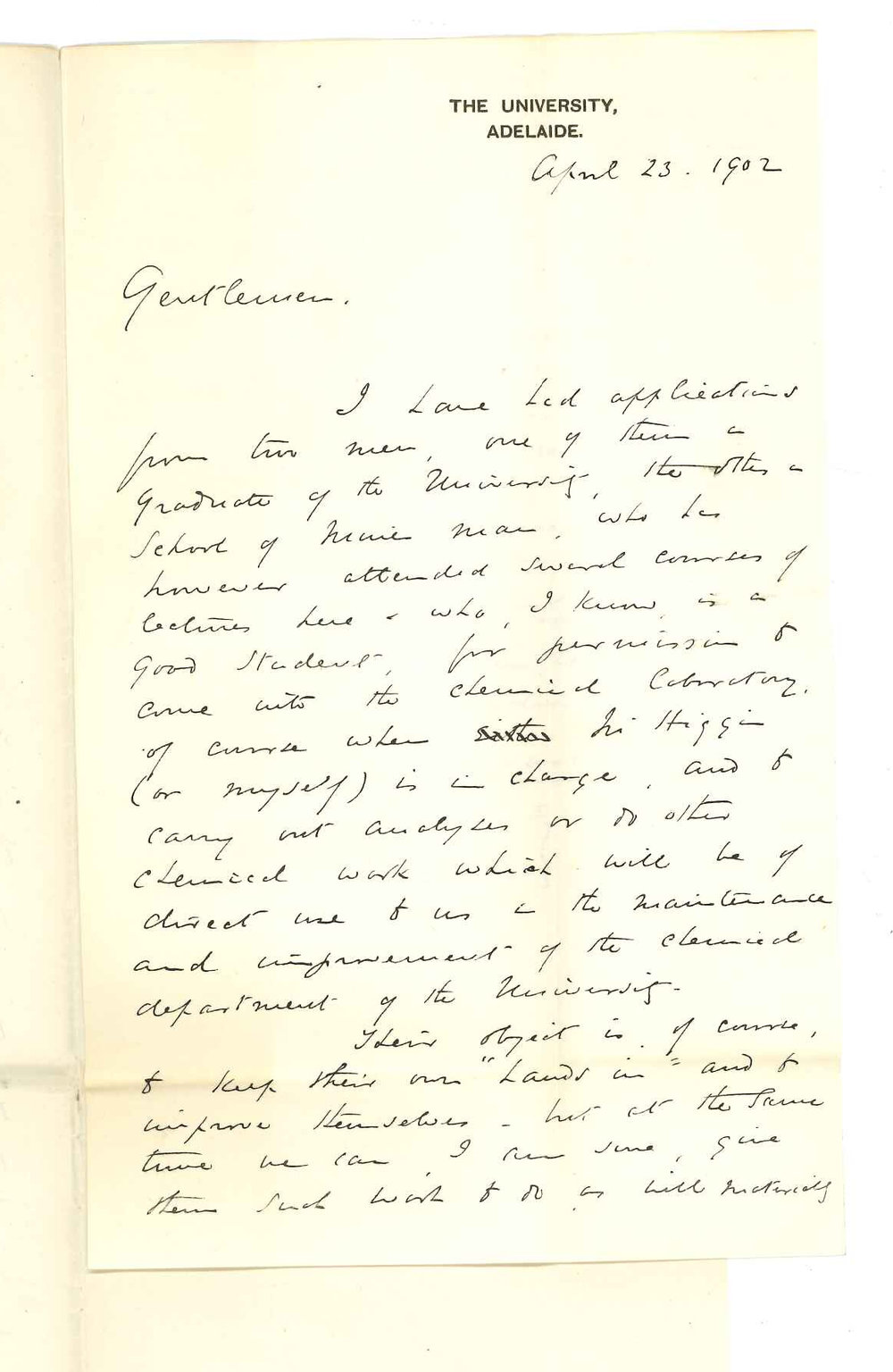 Professor Edward Henry Rennie - The University - Asking permission to allow two students to have use of the Chemical Laboratory