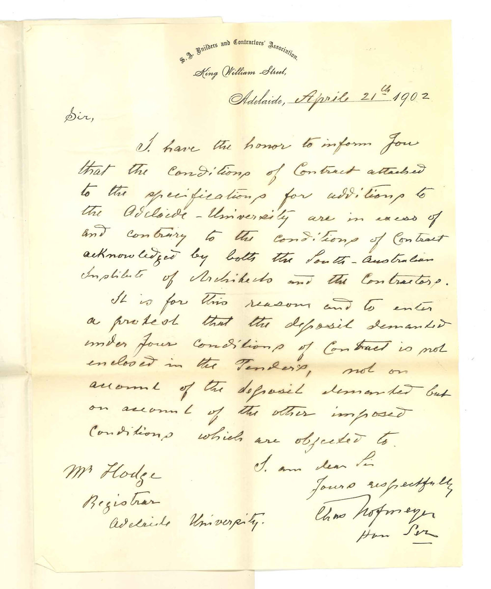 Charles Hofmeyer - Honorary Secretary - SA Builders and Contractors Association - Adelaide - Protest against terms and conditions of contract for Medical Buildings