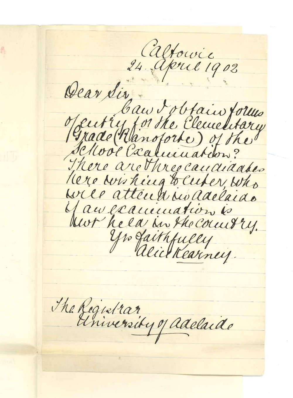 Miss Alice Kearney - Caltowie - Requesting entry forms for Elementary Grade [Pianoforte] of School Examinations