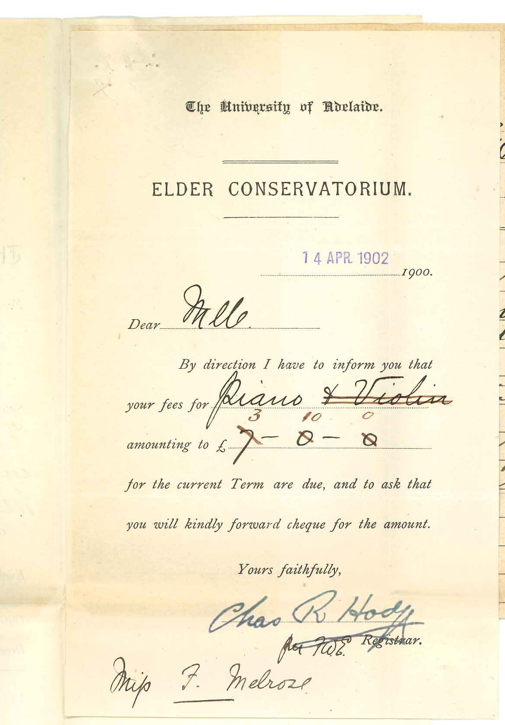 James Melrose - Aldgate - Forwarding Misses F and C G Melrose fees and that Miss F Melrose had not studied Violin this Term