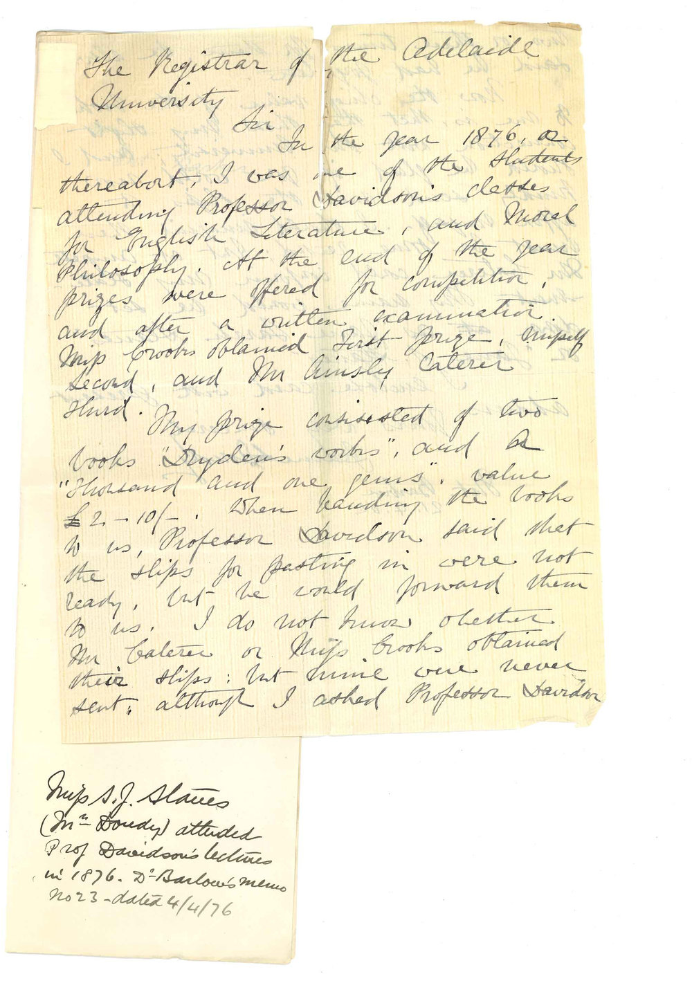 Mrs Henry A Doudy - Mount Barker - Concerning prize won by her in 1876 for English Literature and Moral Philosophy