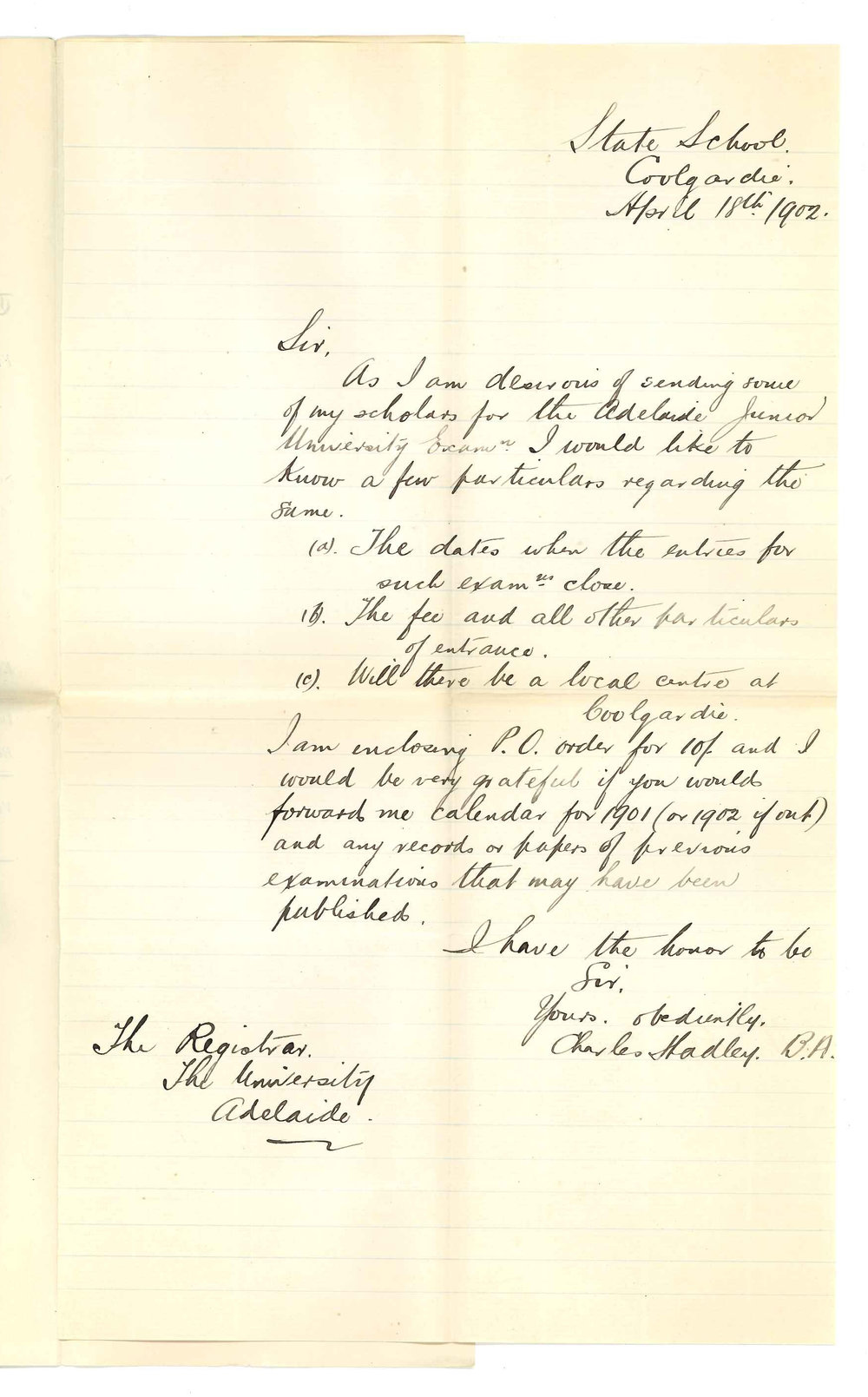 Charles Hadley BA - State School - Coolgardie WA - Requesting particulars of Junior Public Examination