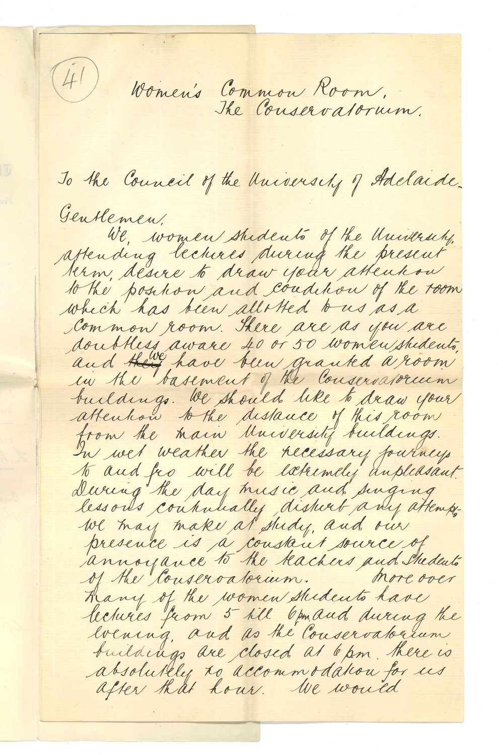 Women Students - Adelaide University - Concerning Women's common room at the Conservatorium