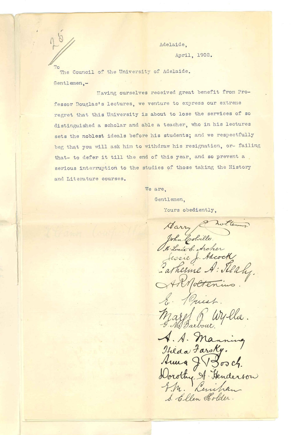 Students of Professor Douglas - Adelaide University - Regarding Professor Douglas resignation