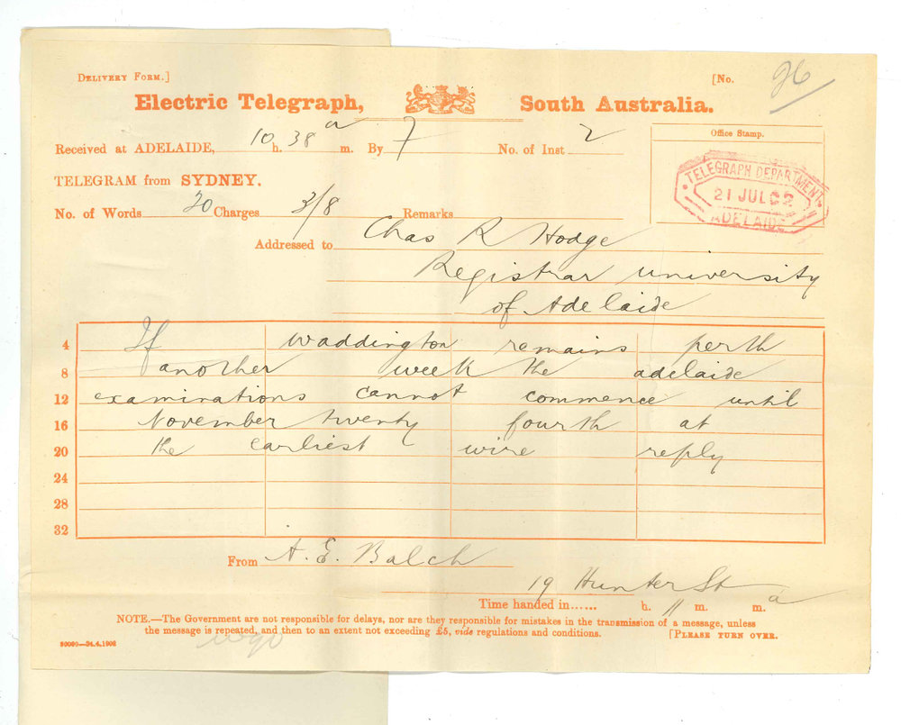 A E Balch - Resident Clerk - The Associated Board - Sydney - If Examiner remains at Perth extra week exams at Adelaide will not be held until 20 November