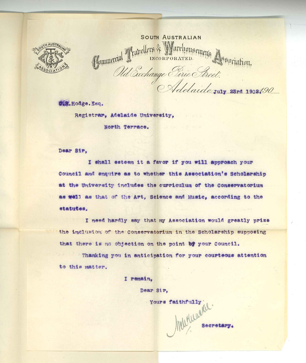 A Mackie - Secretary Commercial Travellers Association - Adelaide - Asking if their Scholarship includes curriculum of Conservatorium as well as Art Science and Music
