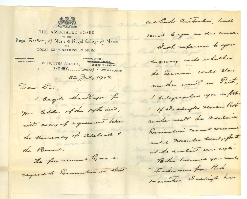 A E Balch - Resident Clerk - The Associated Board - Sydney - Will forward fees received for Perth entries and with respect to Examiner remaining at Perth extra week