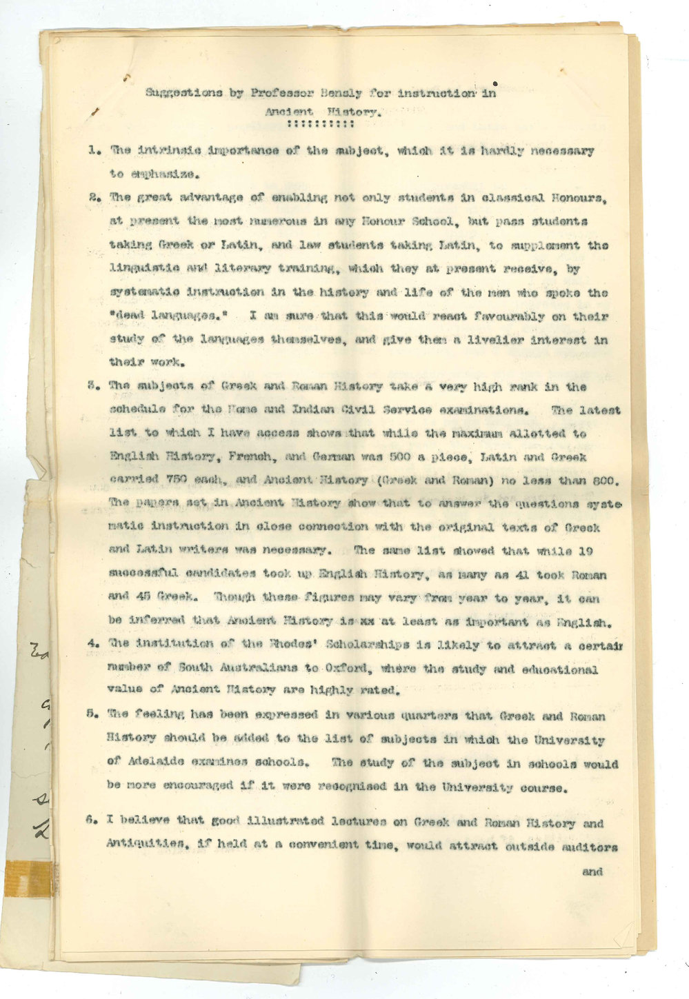 Professor Edward von Blomberg Bensley - To Chancellor - The University - Question of providing for instruction in Ancient History