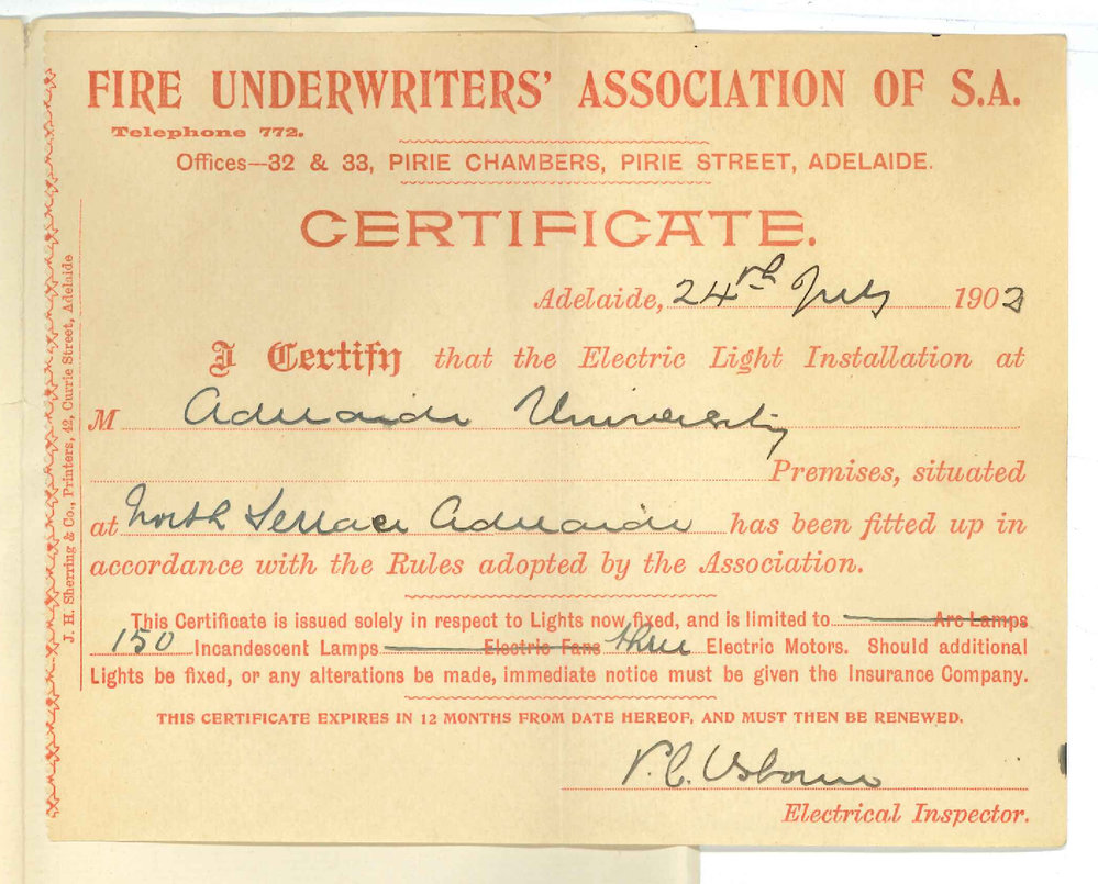 Fire Underwriters Association of SA - Adelaide - Certificate concerning installation of electric light