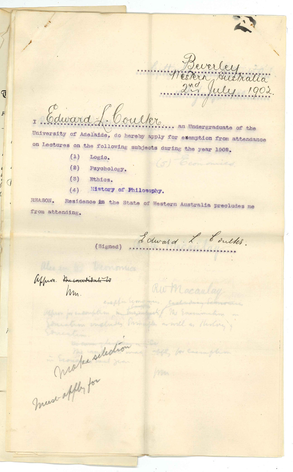 Henry Maurice Joscelyne - Perth WA - Will wire number of entries that he receives for Music Exam - Forwarding applications exemption from lectures