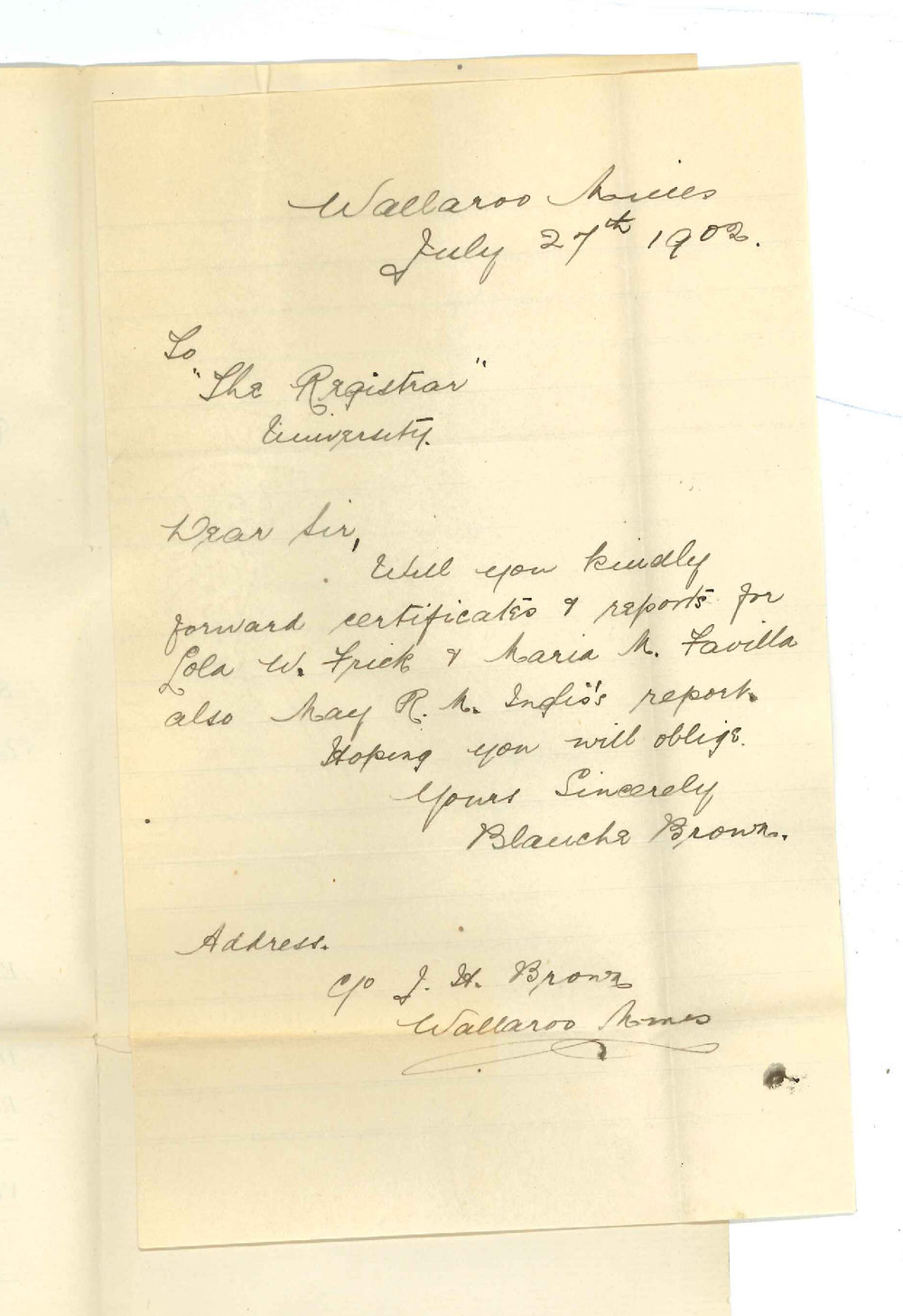 Miss Blanche Brown - Wallaroo Mines - Requesting Cards of Marks and Certificates