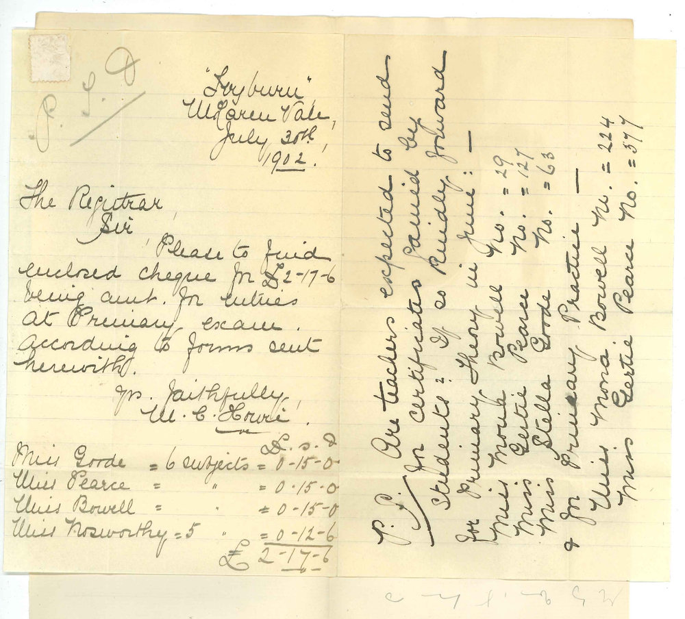 Miss Maude C Howie - McLaren Vale - Forwarding entries for Primary Public - requesting Primary Music Certificates