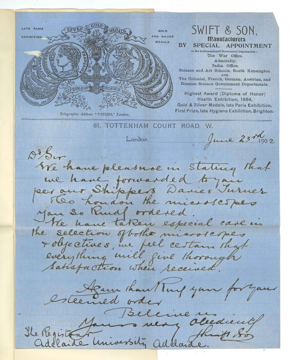 Swift and Son - London England - Advising shipment of Microscopes