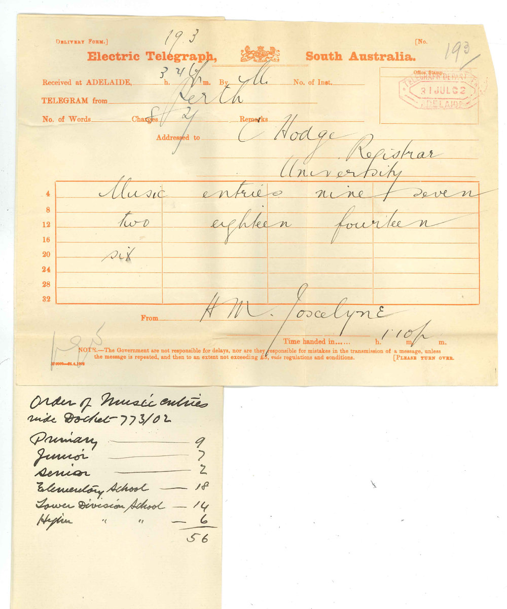 Henry Maurice Joscelyne - Perth WA - Number of entries for Music Examinations