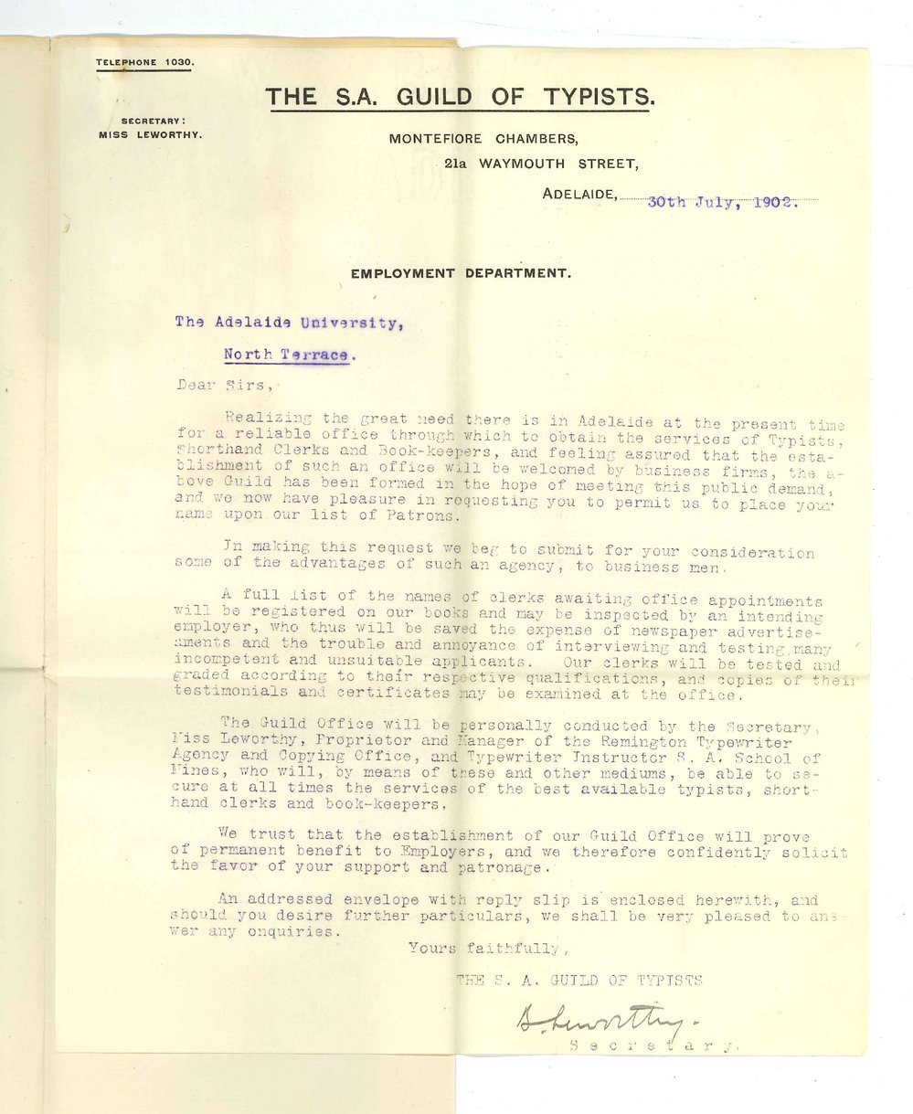 Miss Leworthy - Secretary - SA Guild of Typists - Adelaide - Stating that Register of Typist Clerks awaiting office appointment is kept there