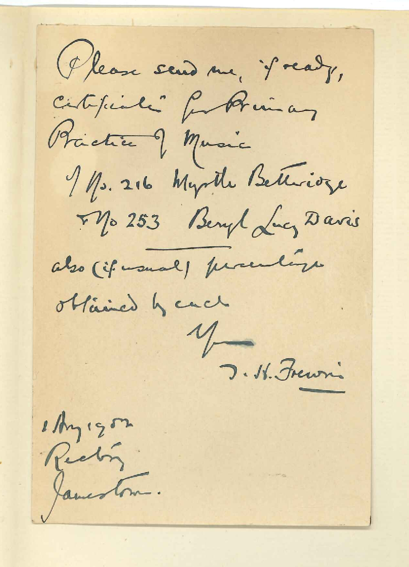 Reverend T H Frewin - Jamestown - Requesting Cards of Marks and Certificates