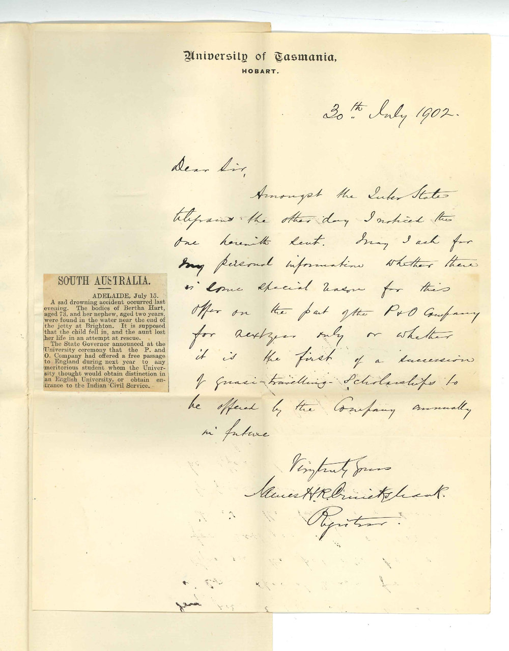 James Henry Robert Cruickshank - Registrar - University of Tasmania - Information re free passage to England offered by P&amp;O Company