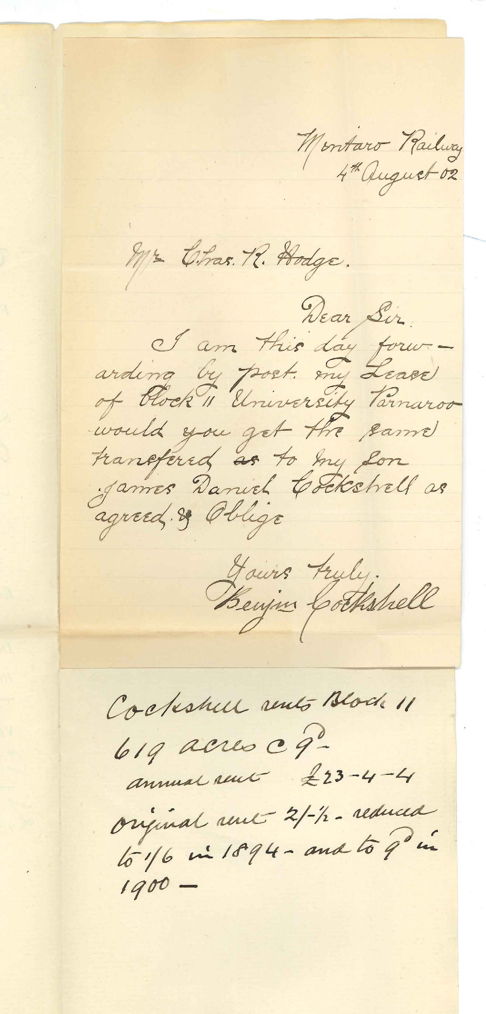 Benjamin Cockshell - Mintaroo Railway - Forwarding lease of land at Parnaroo and request same to be transferred to his son