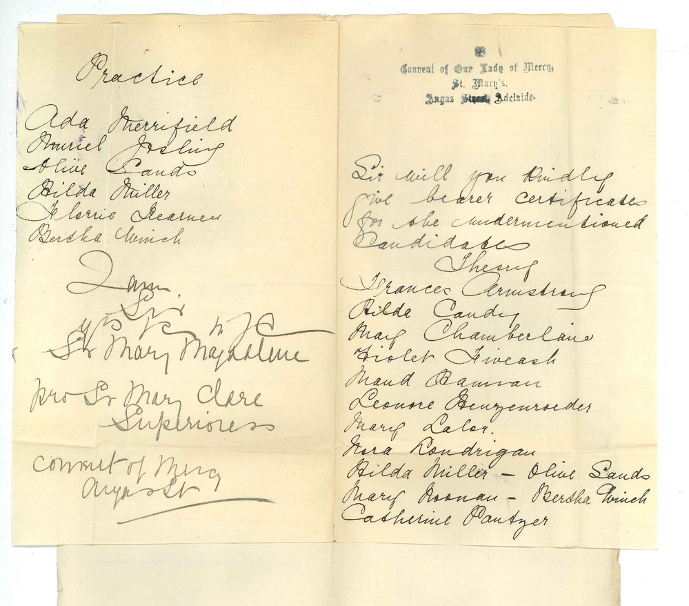 The Lady Superior - Convent of Mercy - Adelaide - Requesting Certificates for Primary Practice and Theory Exam be handed to bearer Miss E Johnston