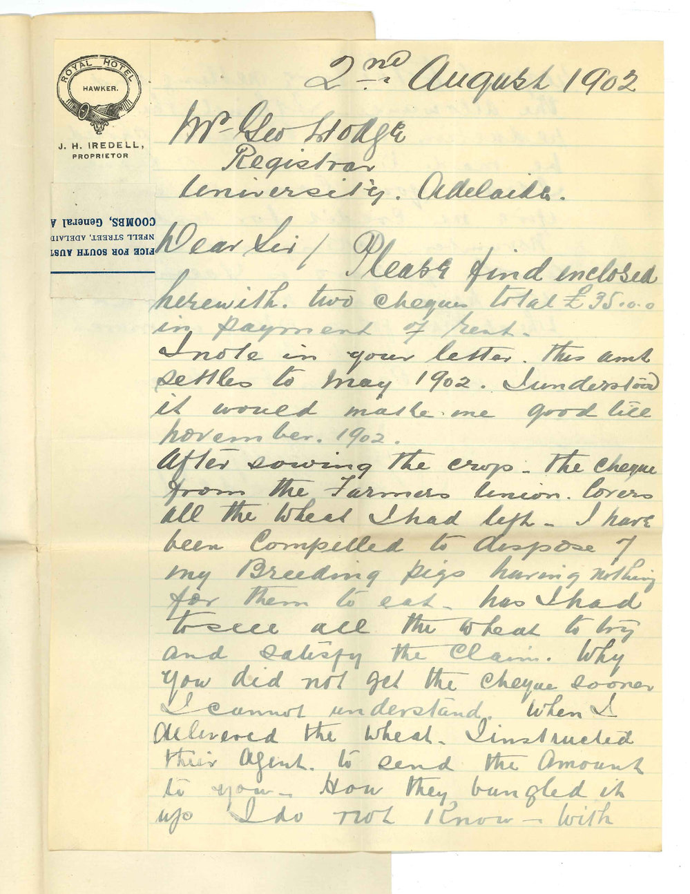 Joseph Hall Iredell - Hawker - Forwarding rent &pound;35 and concerning reduction of rent