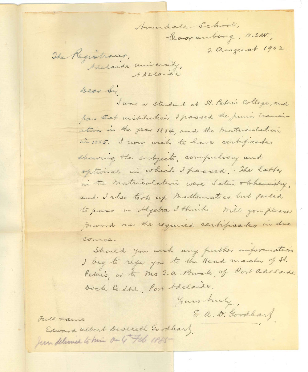 Edward Albert Deverell Goodhart - Cooranbong NSW - Requesting Certificates for passing in Junior 1884 and Matriculation 1885-6 Exams