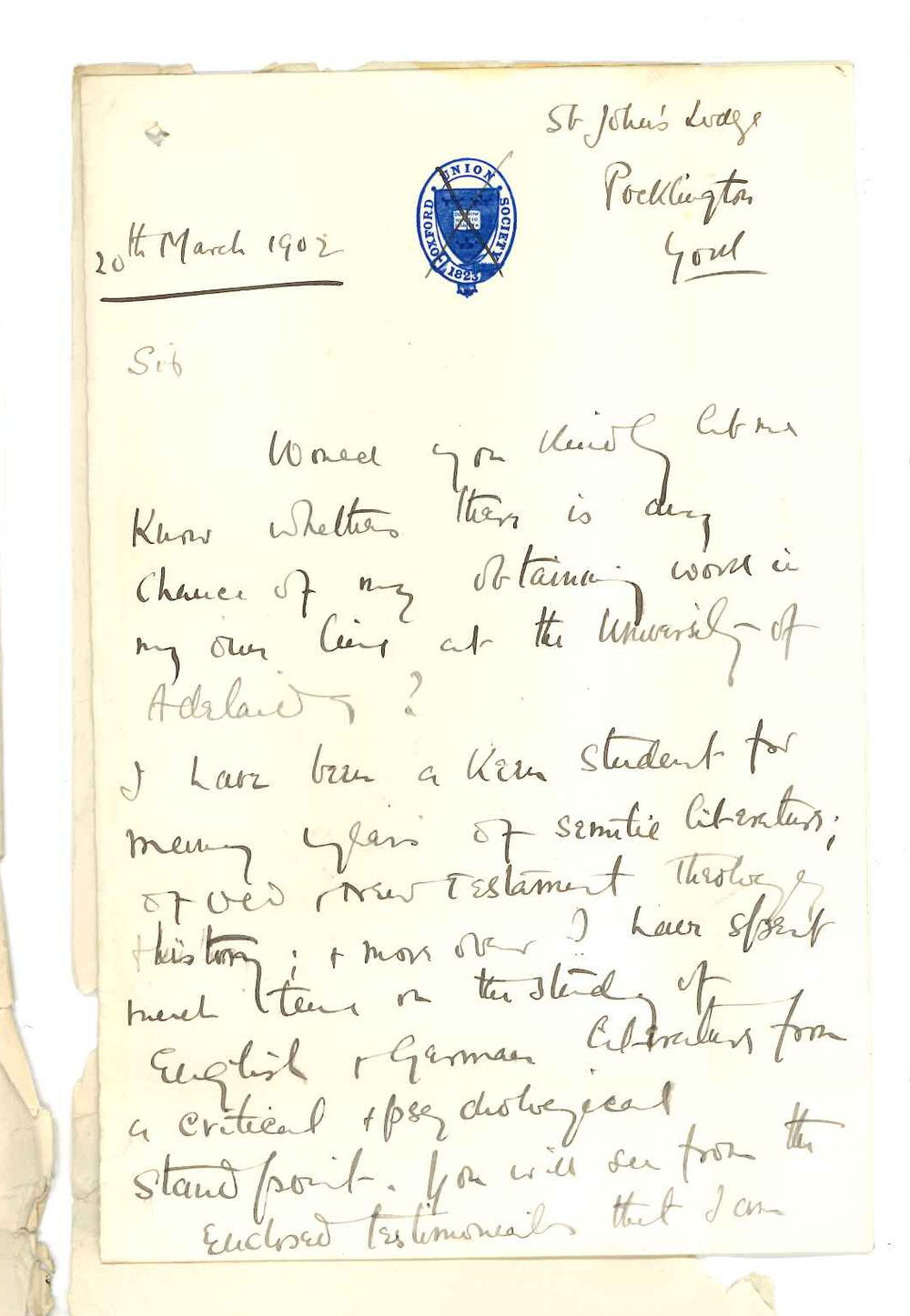 Charles Alexander Brodie Brockwell BA - York England - Query on vacancy for a Lecturer on Semitic Languages and Hebrew