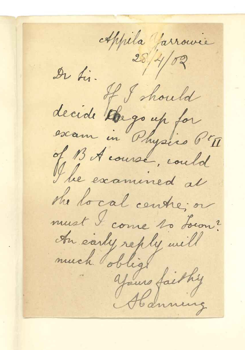Albert Canning - Appila Yarrowie - Asking to be examined in BA subject at the local centre