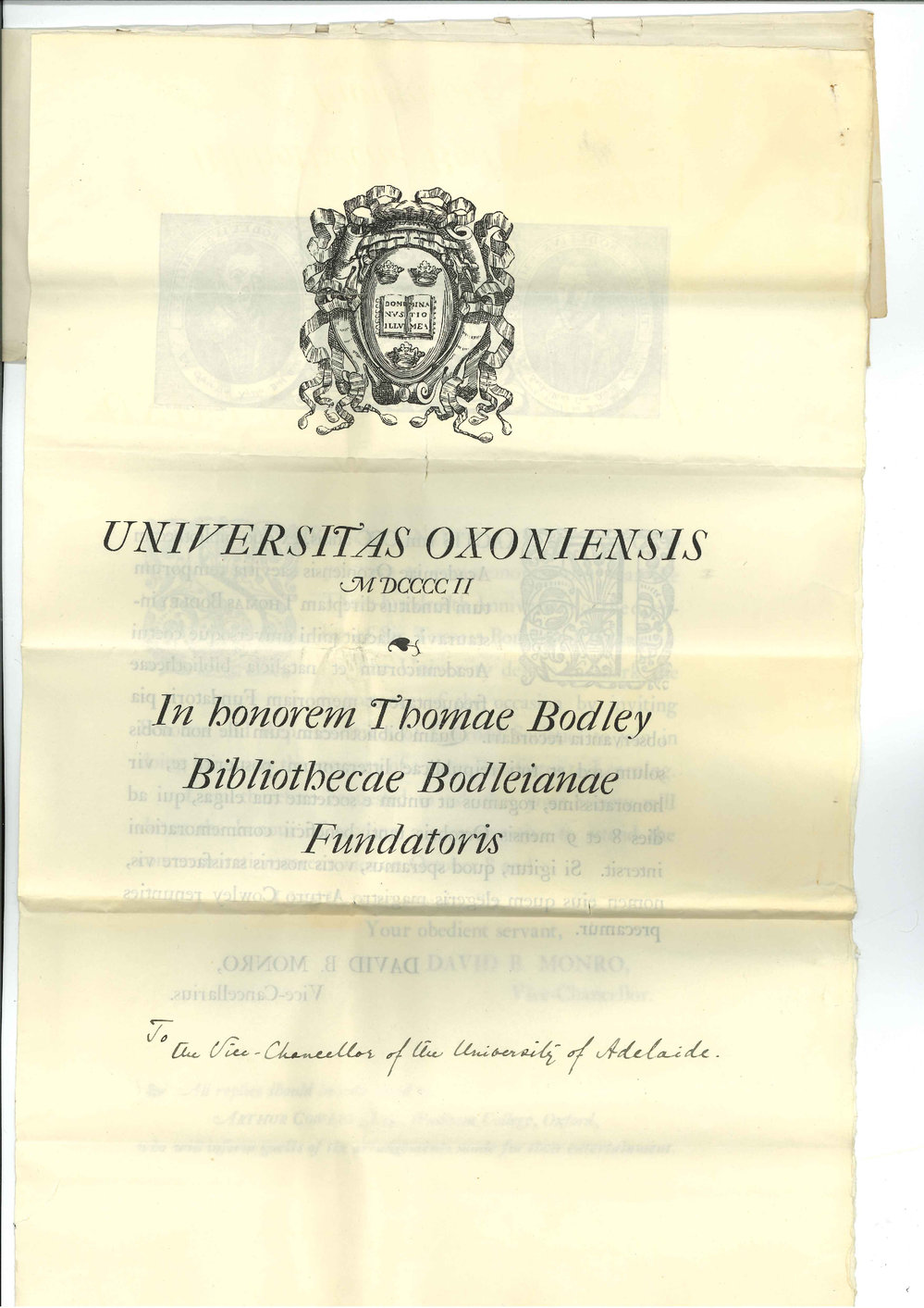 David B Monro - Vice-Chancellor - University of Oxford- Inviting Adelaide University to send representation to Bodleian Tercentenary