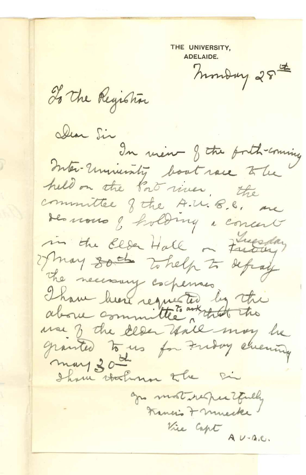 Francis Frederick Muecke - The University - Permission to use Elder Hall on the 30 May 1902 for a concert