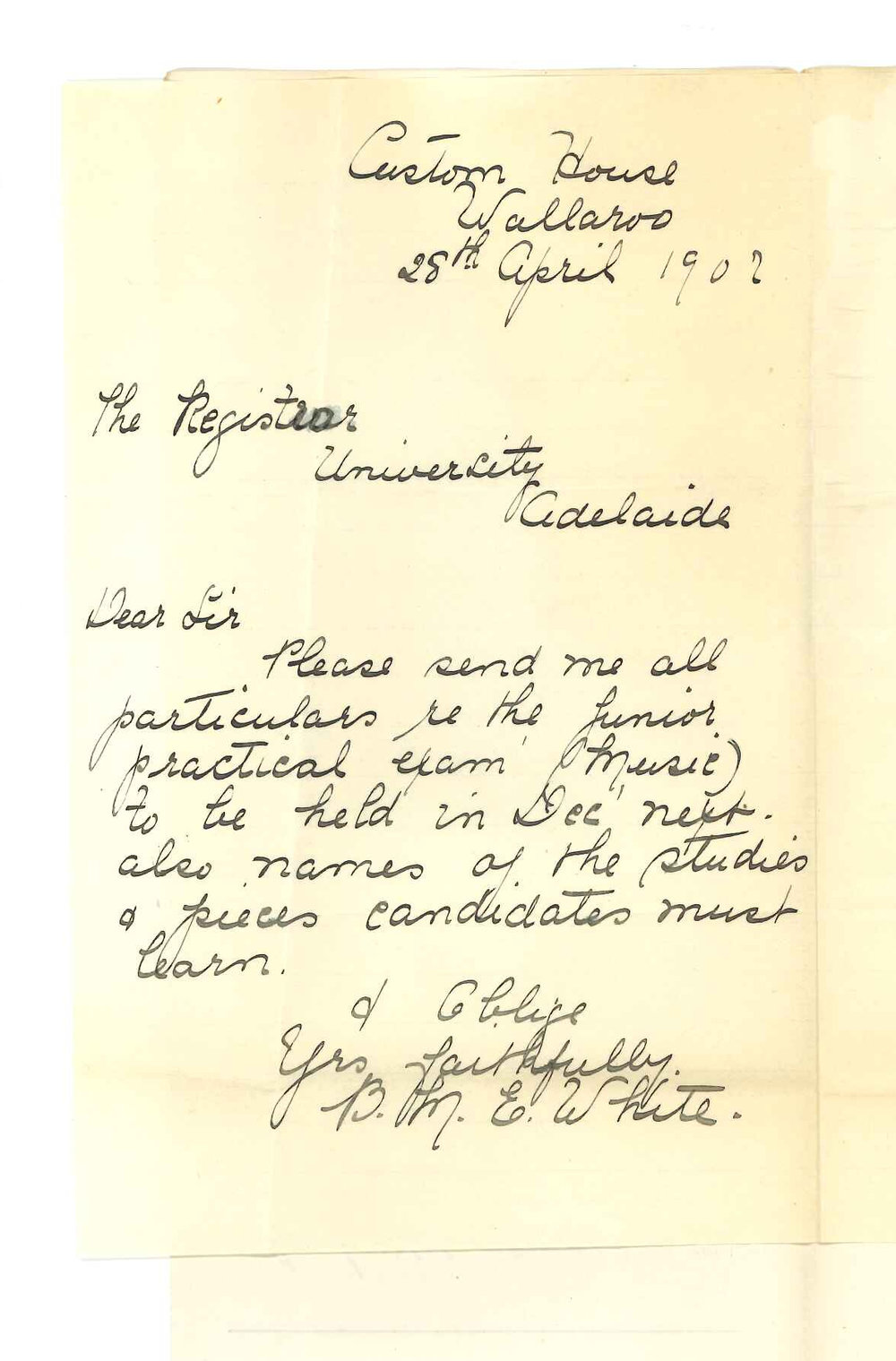 Miss B M E White - Wallaroo - Requesting particulars of Junior Practice of Music Examination