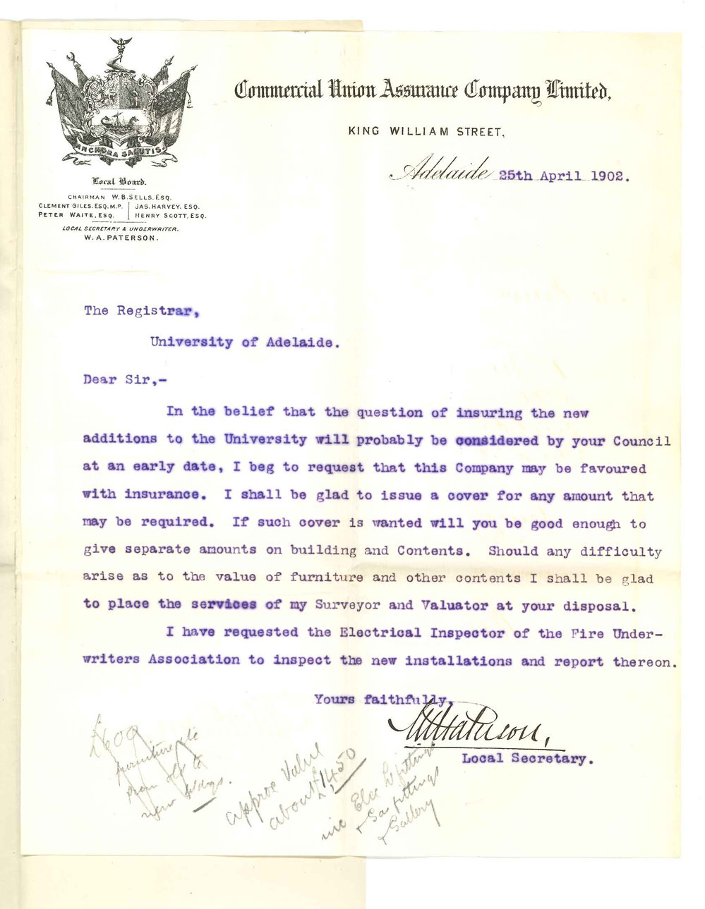 W A Paterson - Secretary - Commercial Union Assurance Company Limited - Adelaide - Query regarding insurance of recently erected additions