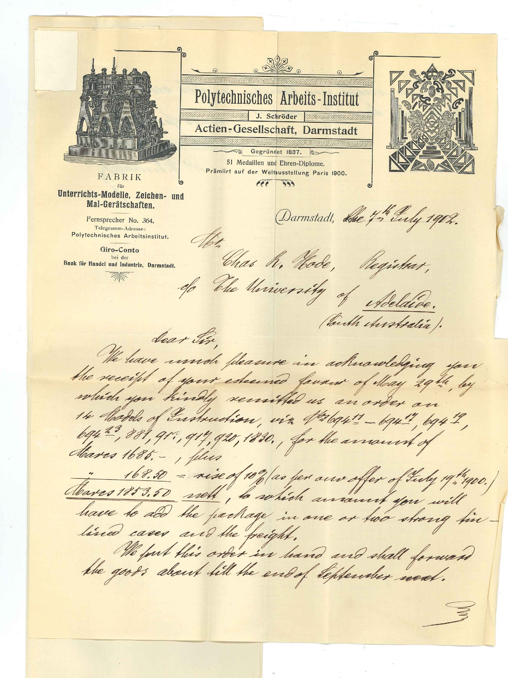 J Schroder - Darmstadt - Order of May 29th 1902 for Apparatus