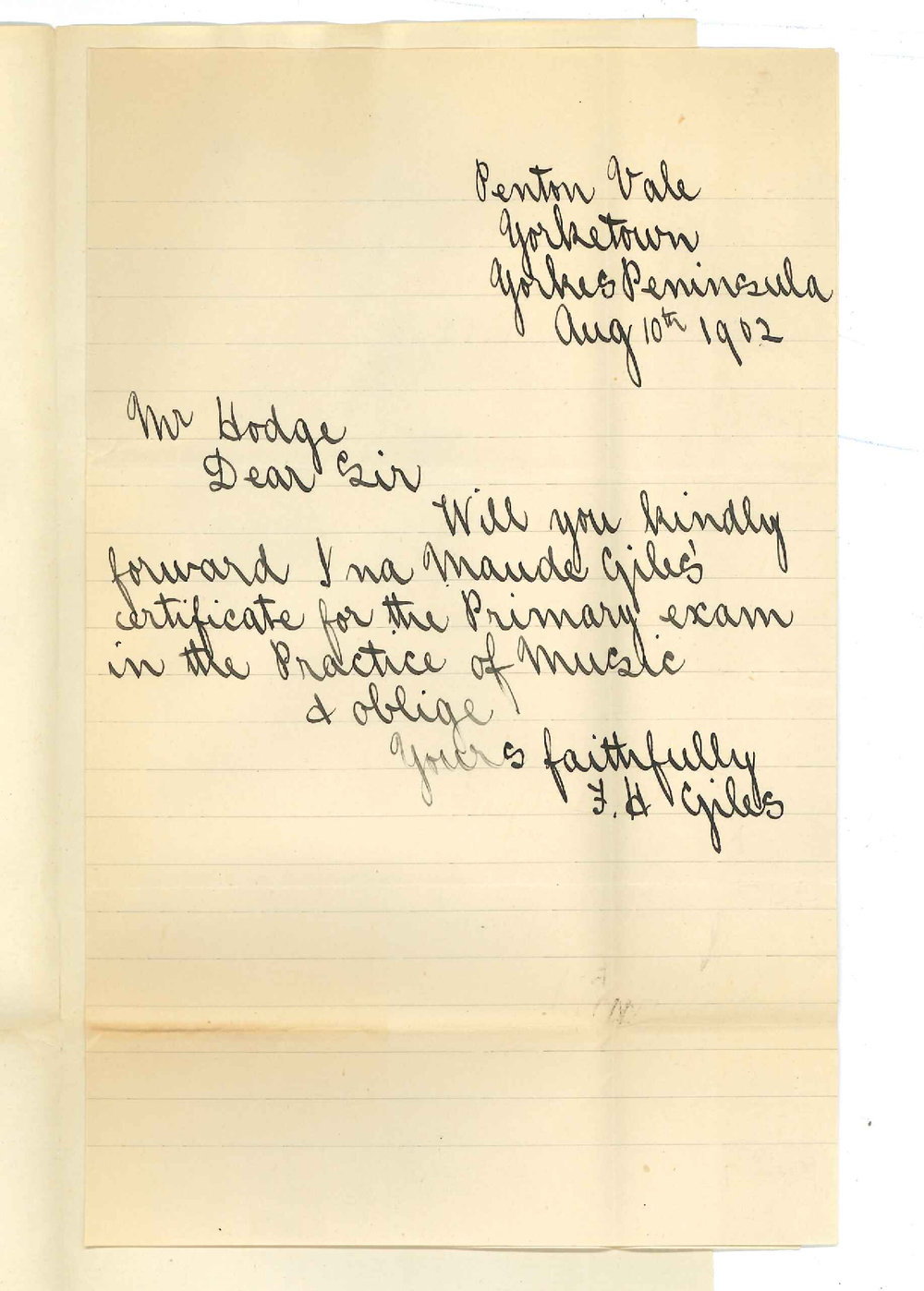 F H Giles - Yorketown - Requesting Primary Music Certificate