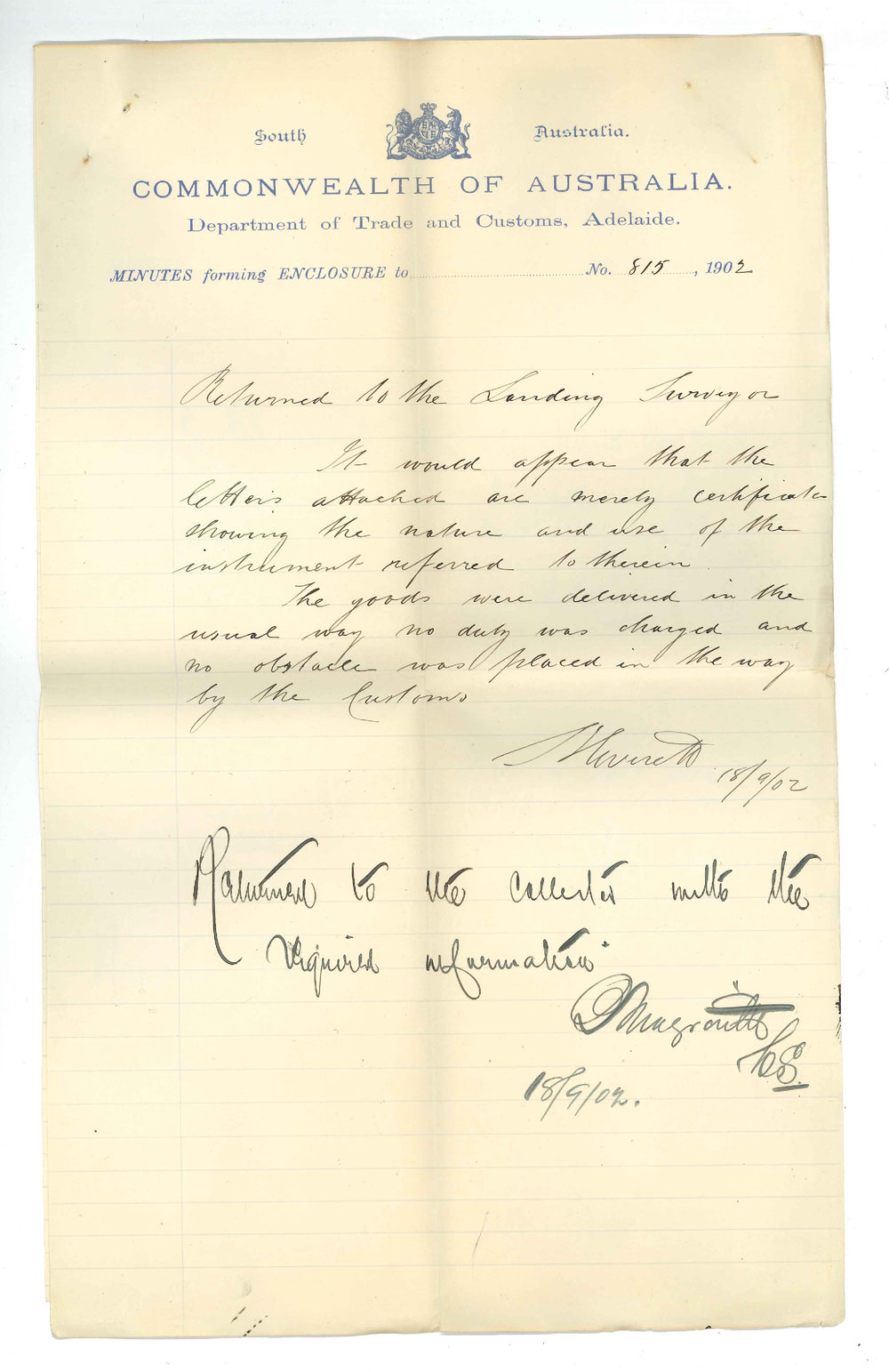 Walter George Woolnough - The University - Stating that lathe ordered from Sydney is a piece of scientific apparatus