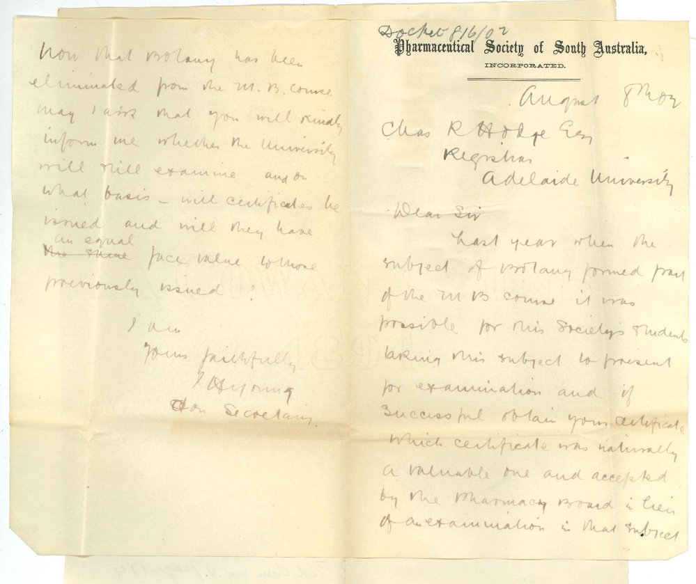 J H Young - Secretary - Pharmaceutical Society of South Australia - Adelaide - With respect to Examination in Botany