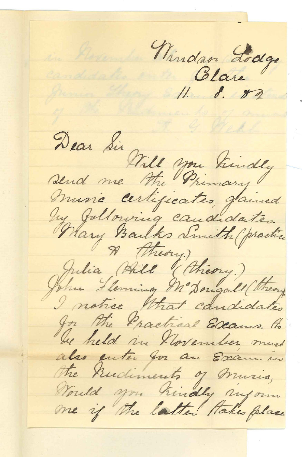 Miss A G Webb - Clare - Requesting Primary Music Certificates and information regarding taking Rudiments Exam for Practice of Music