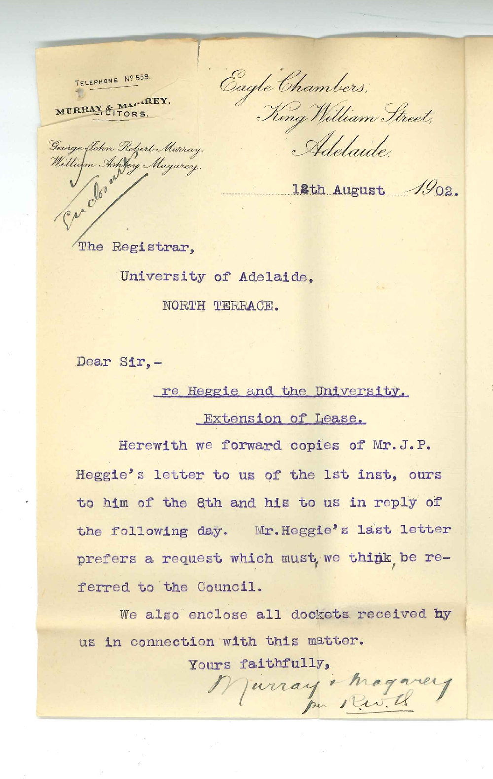 Murray and Magarey - Adelaide - Heggie and the University extension of lease