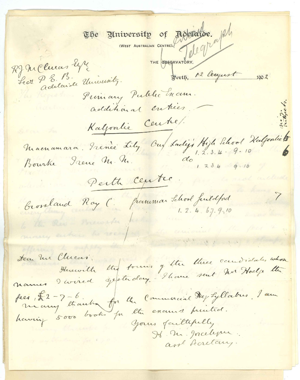 Henry Maurice Joscelyne - Perth WA - Forwarding draft for fees for Primary and Music Examinations