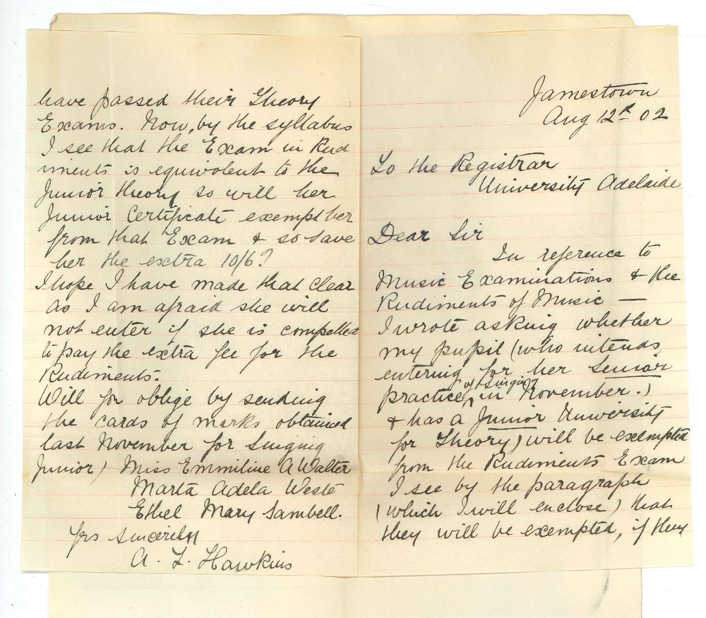 Miss A L Hawkins - Jamestown - Concerning Rudiments required for Practice of Music Exam and requesting Cards of Marks