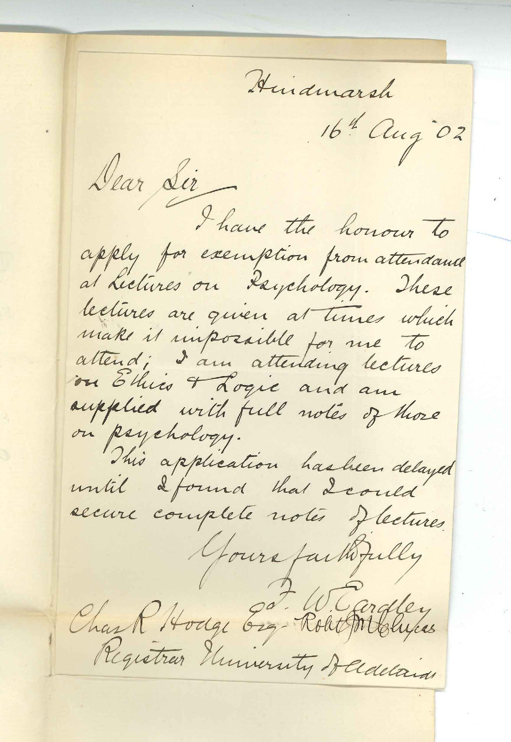 F W Eardley and R J M Clucas - Exemption from attendance at lectures