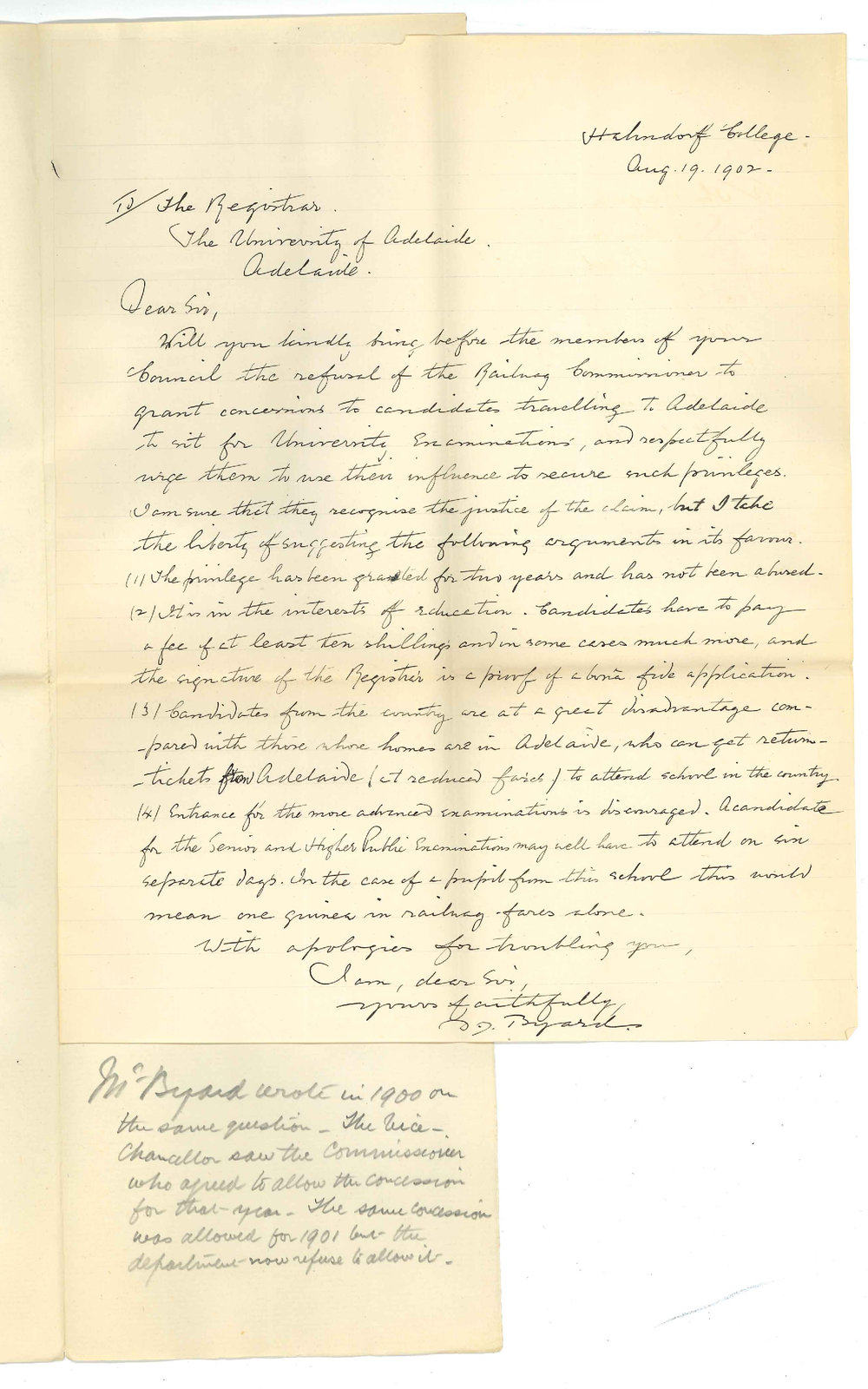 Douglas John Byard - Hahndorf - Refusal of Railway Commissioner to grant reduction of fares for candidates coming up for exam
