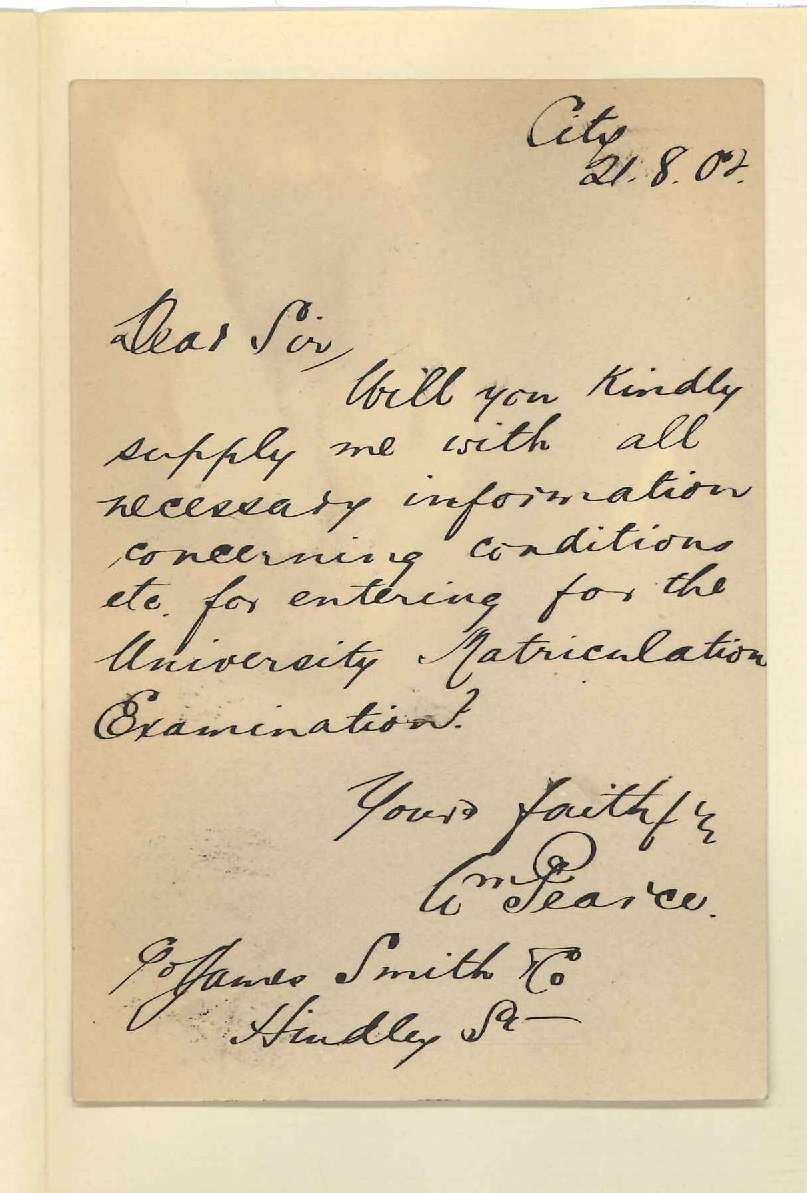 William Pearce - Adelaide - Requesting information of Matriculation Examination