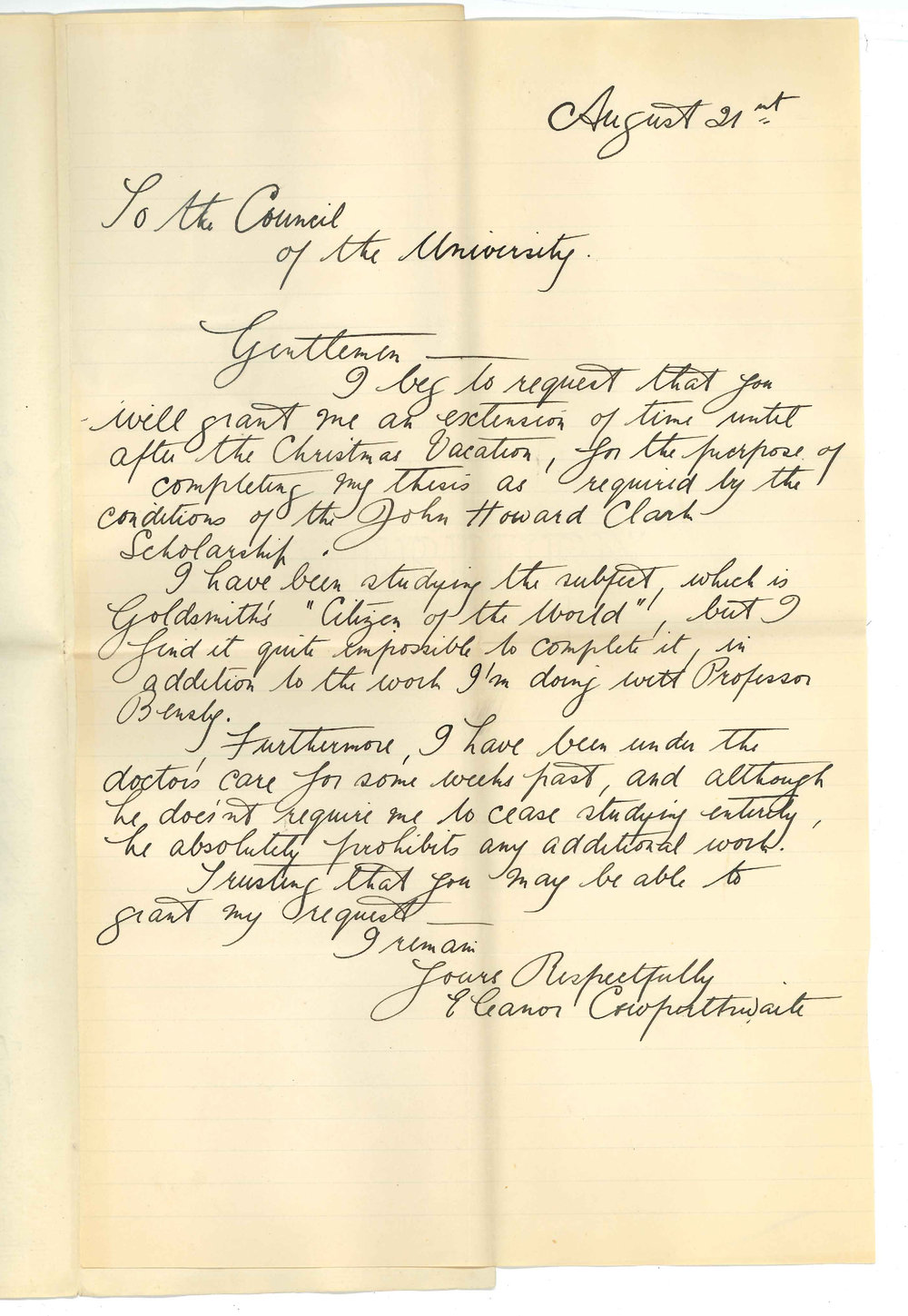 Miss Eleanor E Cowperthwaite - Extension of time for submitting thesis required for John Howard Clark Scholarship