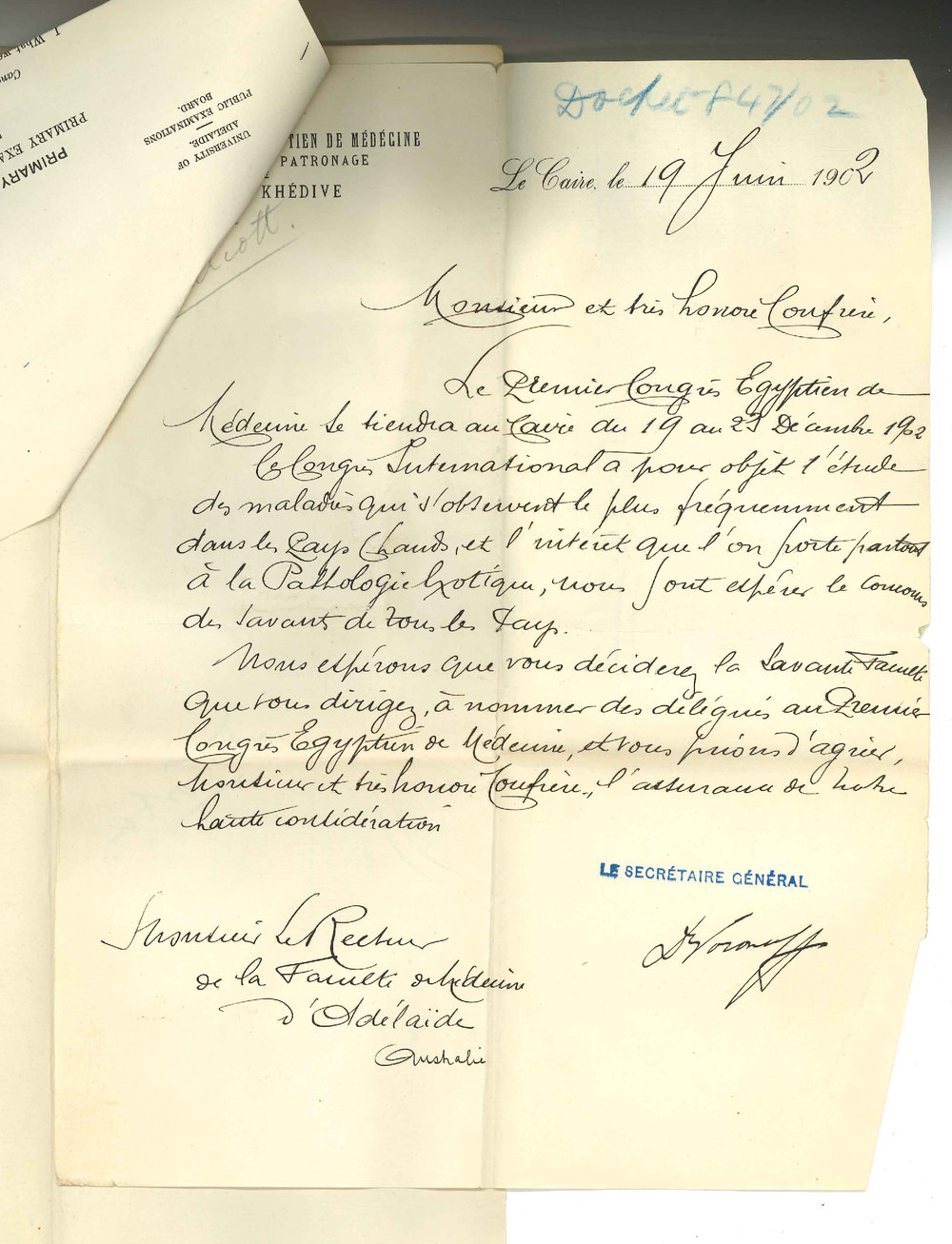 D Voronoff - Secretary Medical Congress - Egypt - Invitation to send delegate