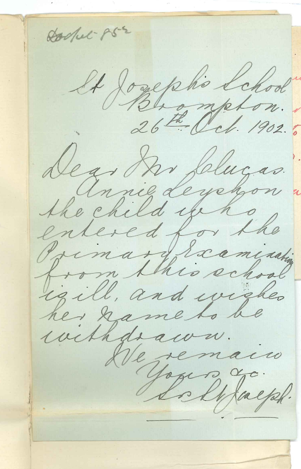 The Lady Superior - St Josephs School - Brompton - Withdrawing Miss Annie Leyshon from Primary Exam