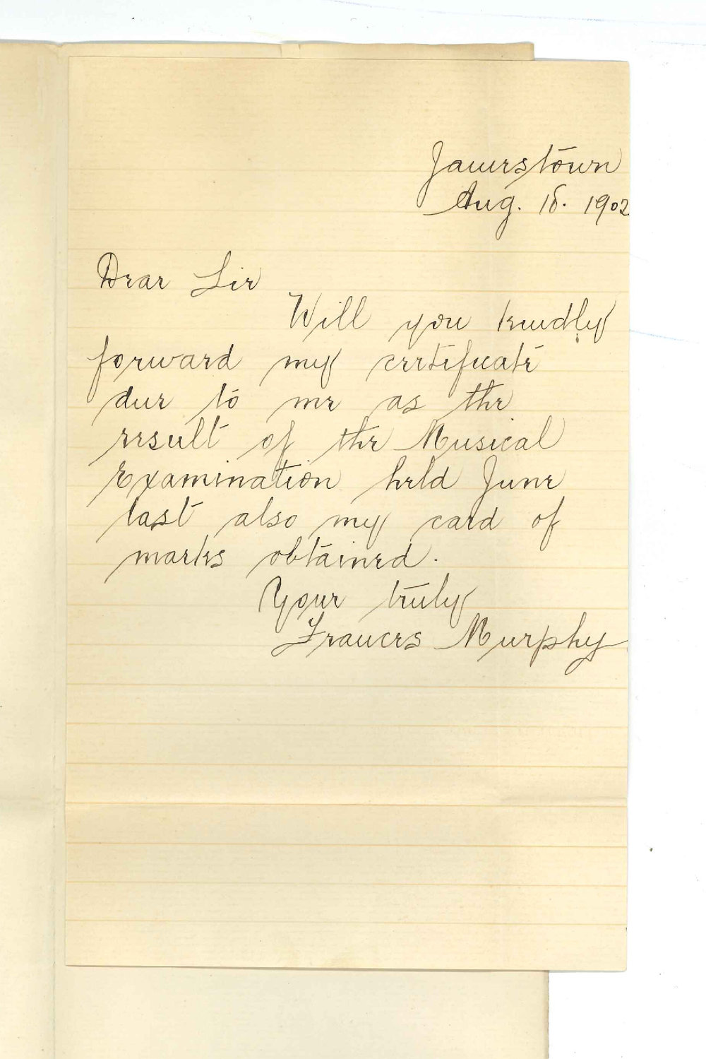 Miss Frances Murphy - Jamestown - Requesting Certificate and Cards of Marks