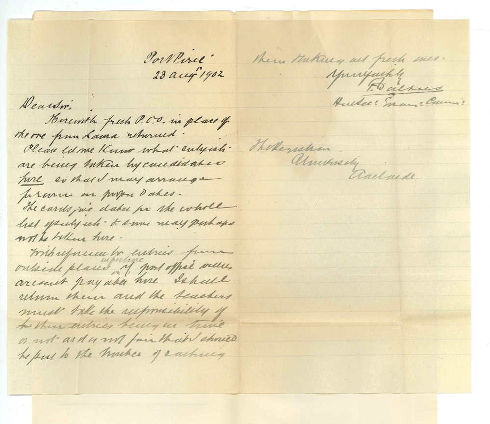 F Walters - Port Pirie - Forwarding new P O O and requesting names of subjects that candidates will sit there for in Primary and with respect to P O O