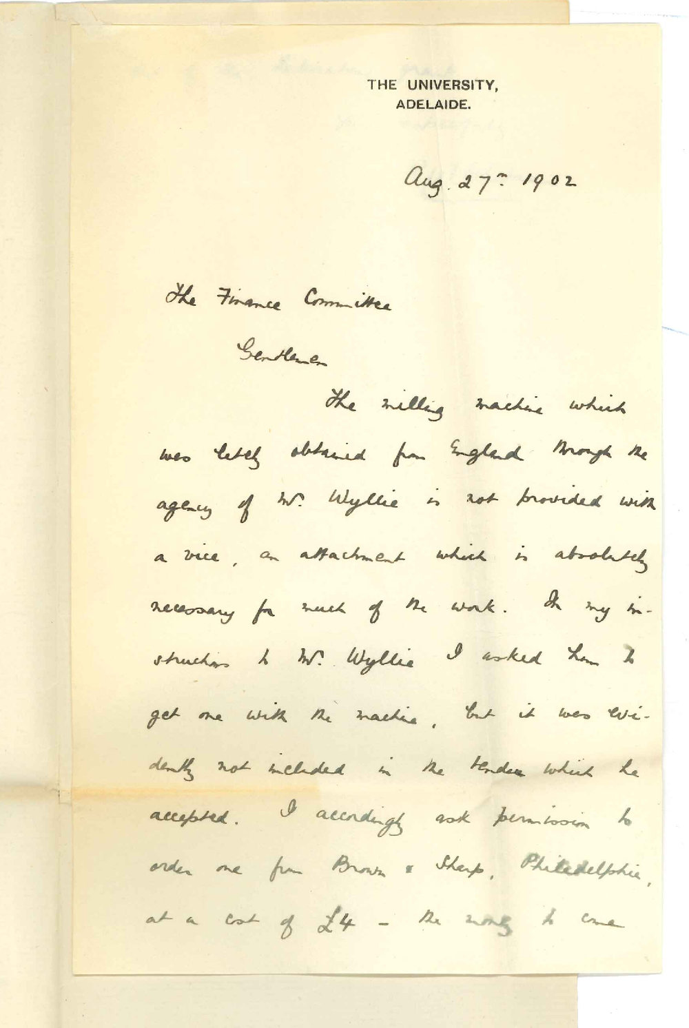 Professor Robert William Chapman - The University - Permission to order a vice for the milling machine