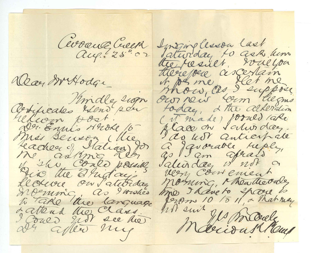 Miss Marion K Kemp - Currency Creek - Requesting railway forms to be signed and concerning time for Italian Class
