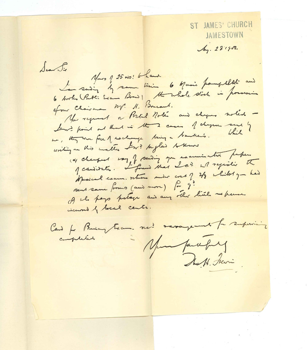 Reverend Thomas H Frewin - Jamestown - Forwarding pamphlets on hand - Memo regarding postal notes and cheques noted - Cheapest rate of posting Exam Papers and who pays expenses of Local Centre